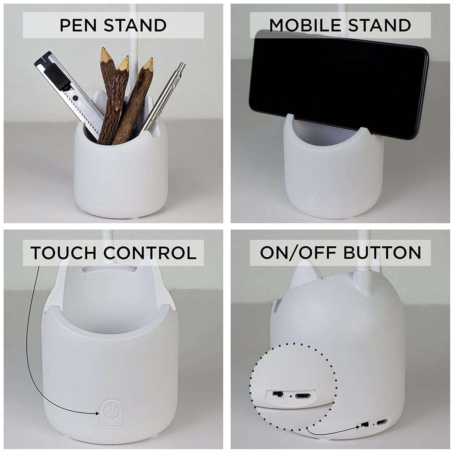 3-Color Dimmable LED Touch Lamp with Pen Holder - Roman Decor