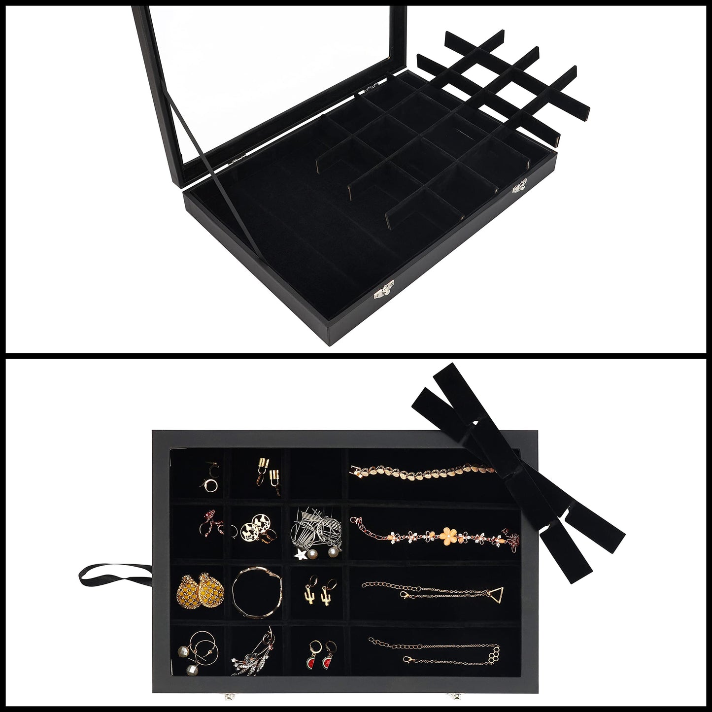 Black jewelry display box with compartments for jewelry items on a white background