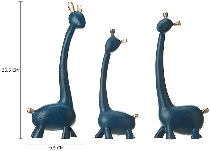 Set of three blue giraffe figurines with measurements on a white background