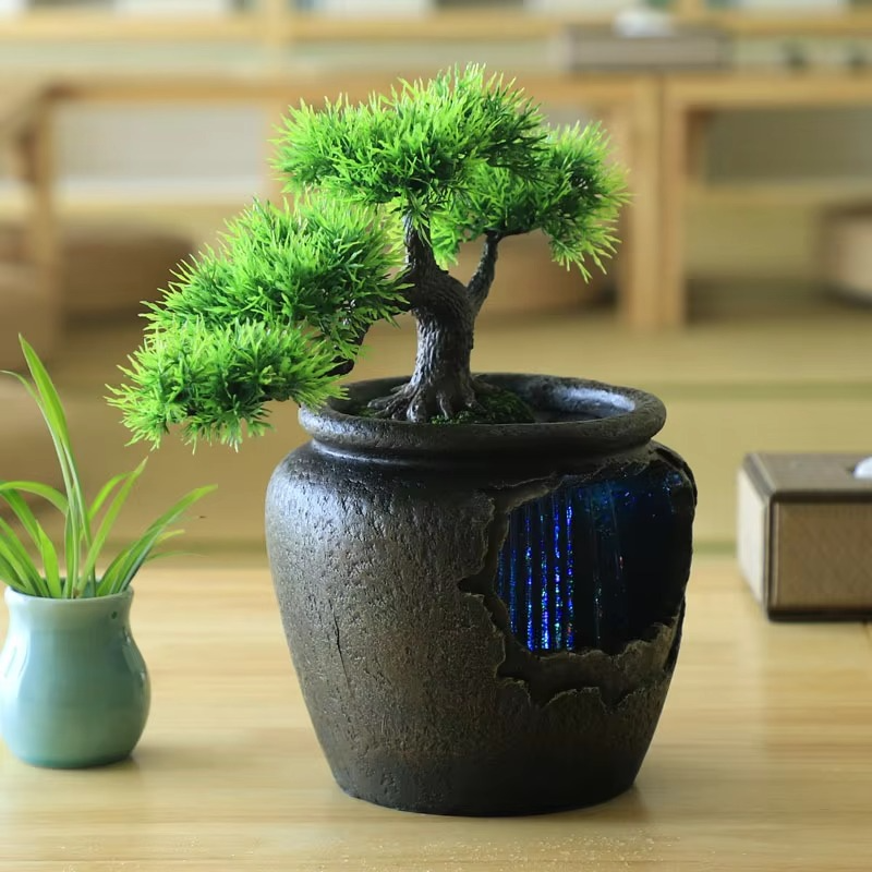 Decorative potted plant with a unique pot on a wooden surface