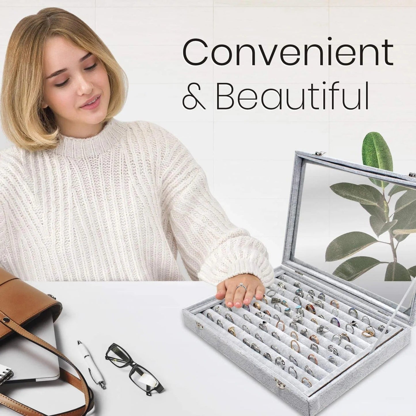 Woman with a jewelry box containing rings, with text 'Convenient & Beautiful' on a light background.
