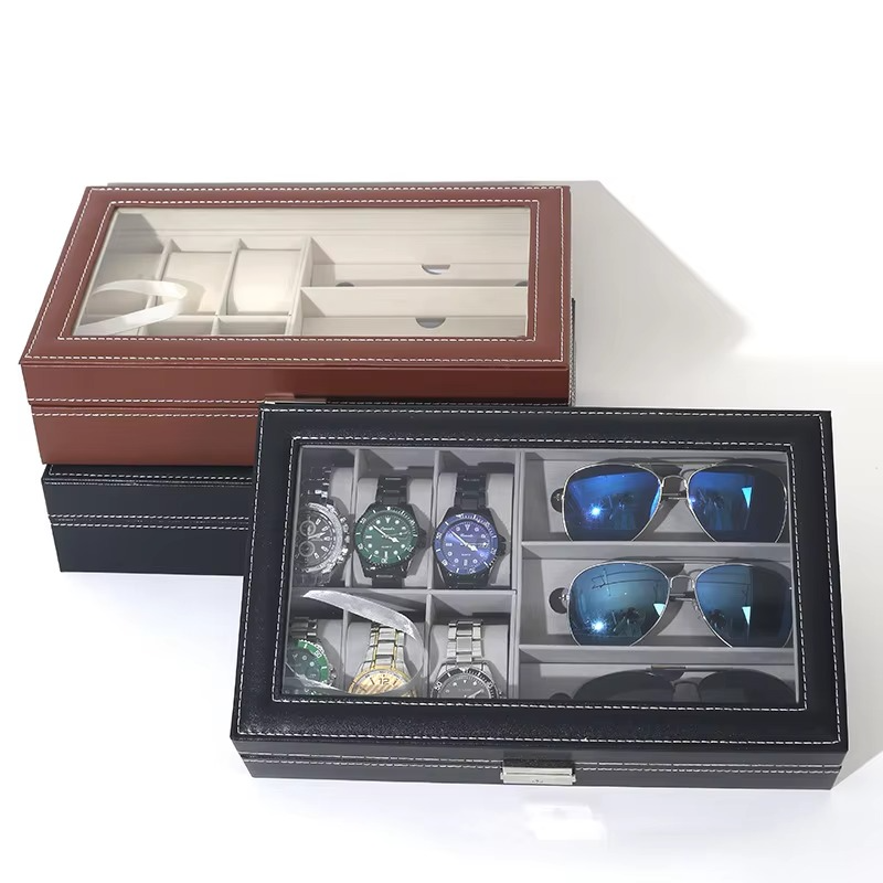 PU Leather 6-Position Watch Box with 3-Slot Sunglasses Display Storage Box