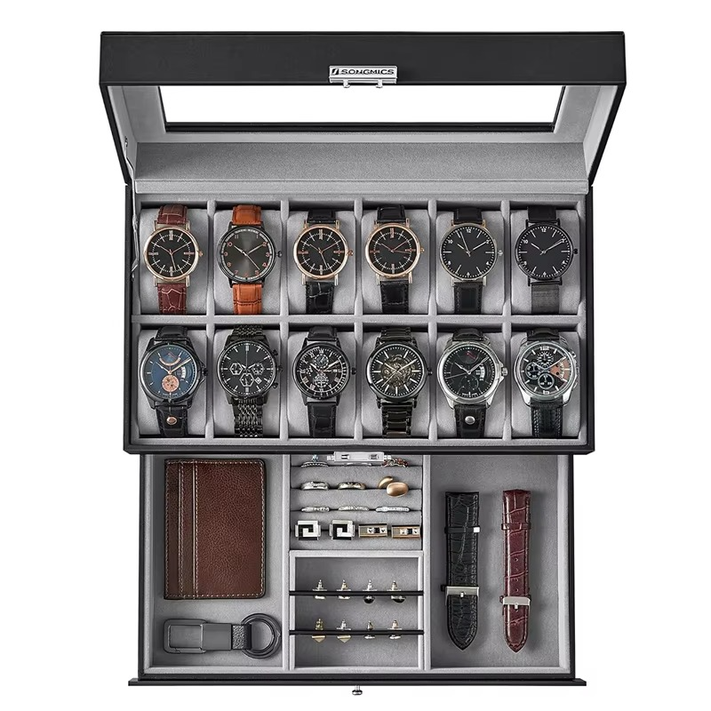 Luxury 2-Layer 12-Slot Lockable Watch Box with Glass Lid & Drawer