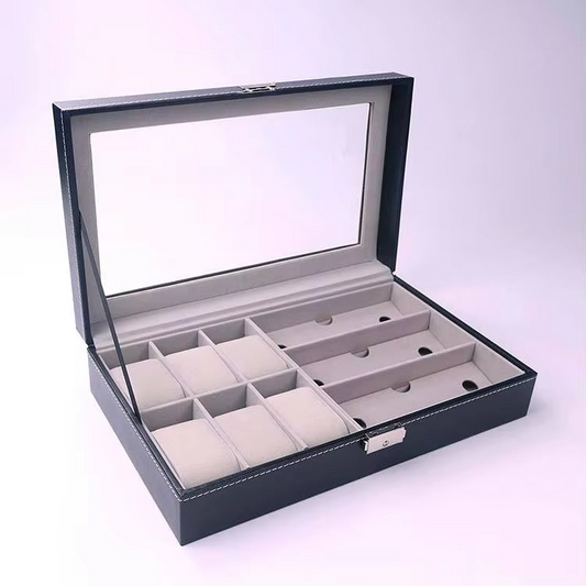 PU Leather 6-Position Watch Box with 3-Slot Sunglasses Display Storage Box
