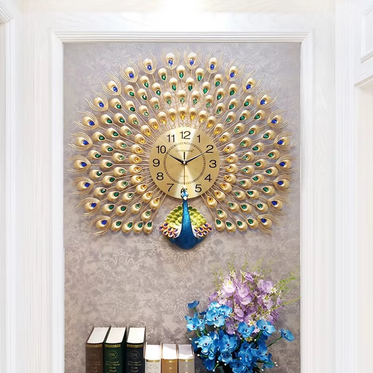 Luxury Peacock Wall Clock | Silent Crystal Metal Wall Decor