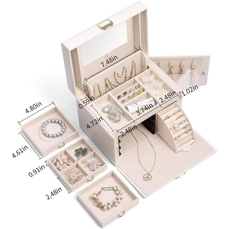 Leather 3-Tier Luxury Travel Jewelry Box with Lock and Mirror