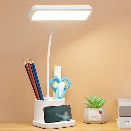 3-Color LED Study Desk Lamp – Rechargeable with Pen & Phone Holder - Roman Decor