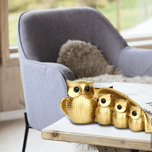 Owl Family of Four Resin Statue – Golden Animal Figurine for Home Decor - Roman Decor