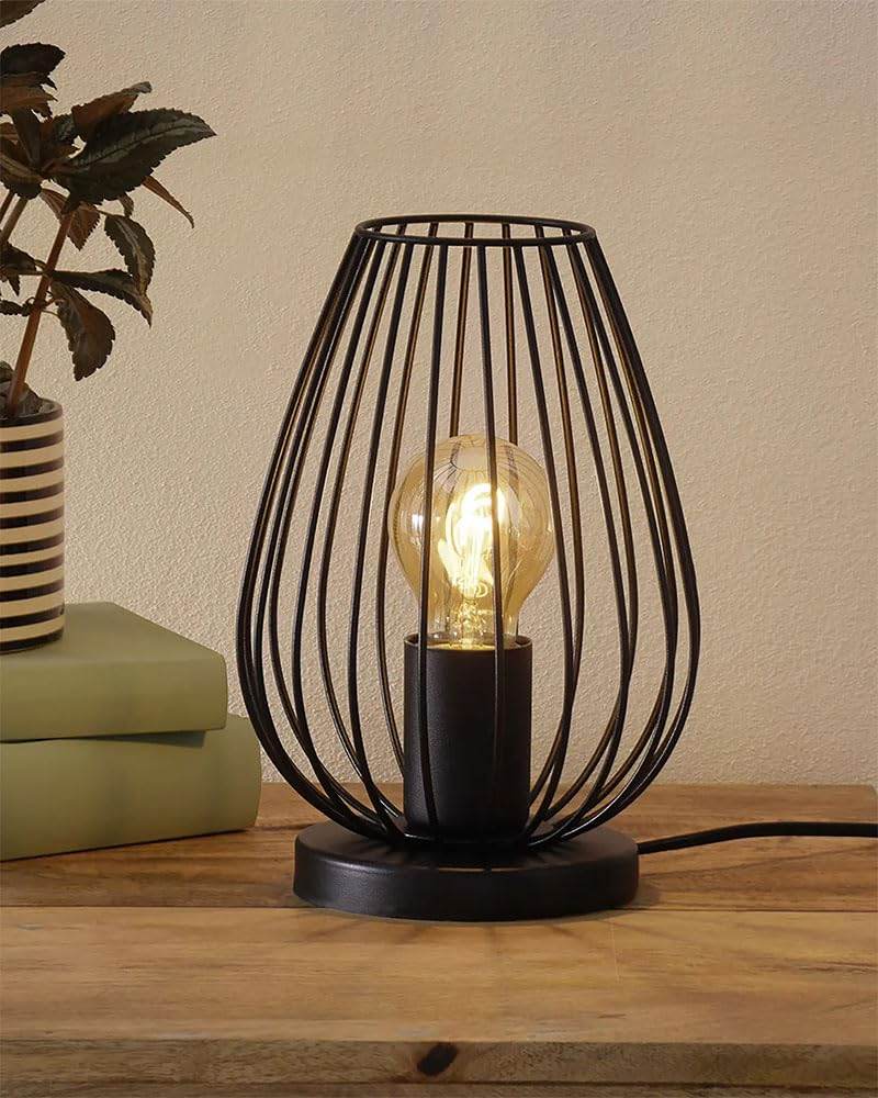 Vintage Black Metal Cage Table Lamp - Roman Decor