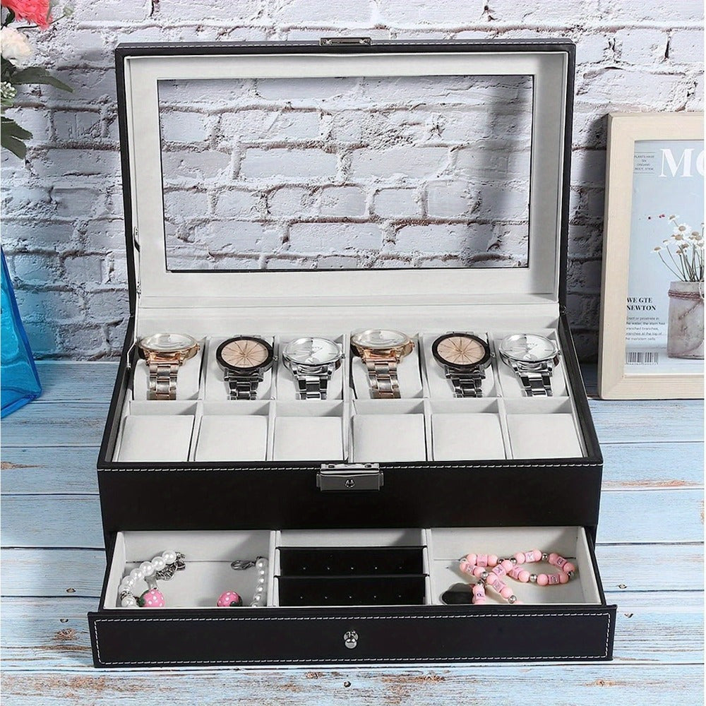 Organize Watches elegant style with this 12-Slot PU Leather Lockable Watch Storage Box