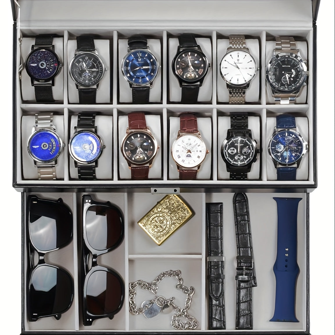 Organize Watches elegant style with this 12-Slot PU Leather Lockable Watch Storage Box