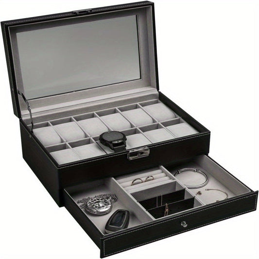 Organize Watches elegant style with this 12-Slot PU Leather Lockable Watch Storage Box