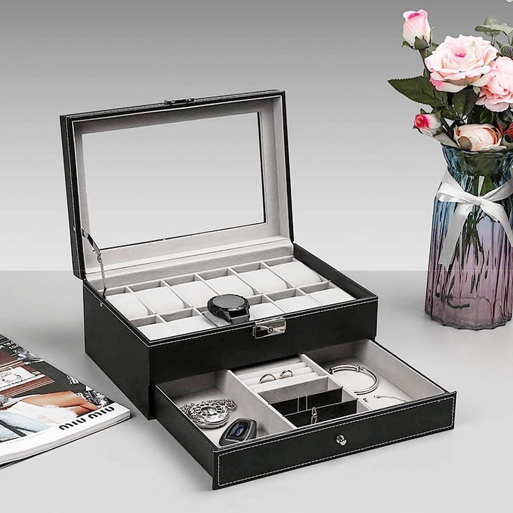 Organize Watches elegant style with this 12-Slot PU Leather Lockable Watch Storage Box