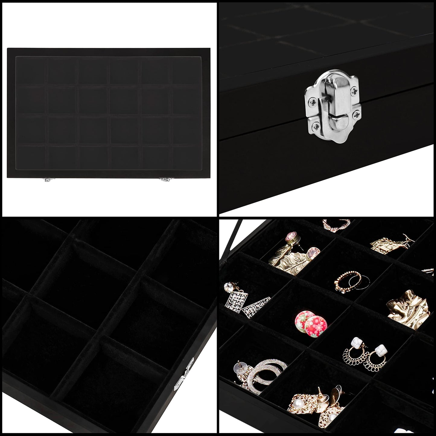 Black jewelry box with compartments filled with earrings
