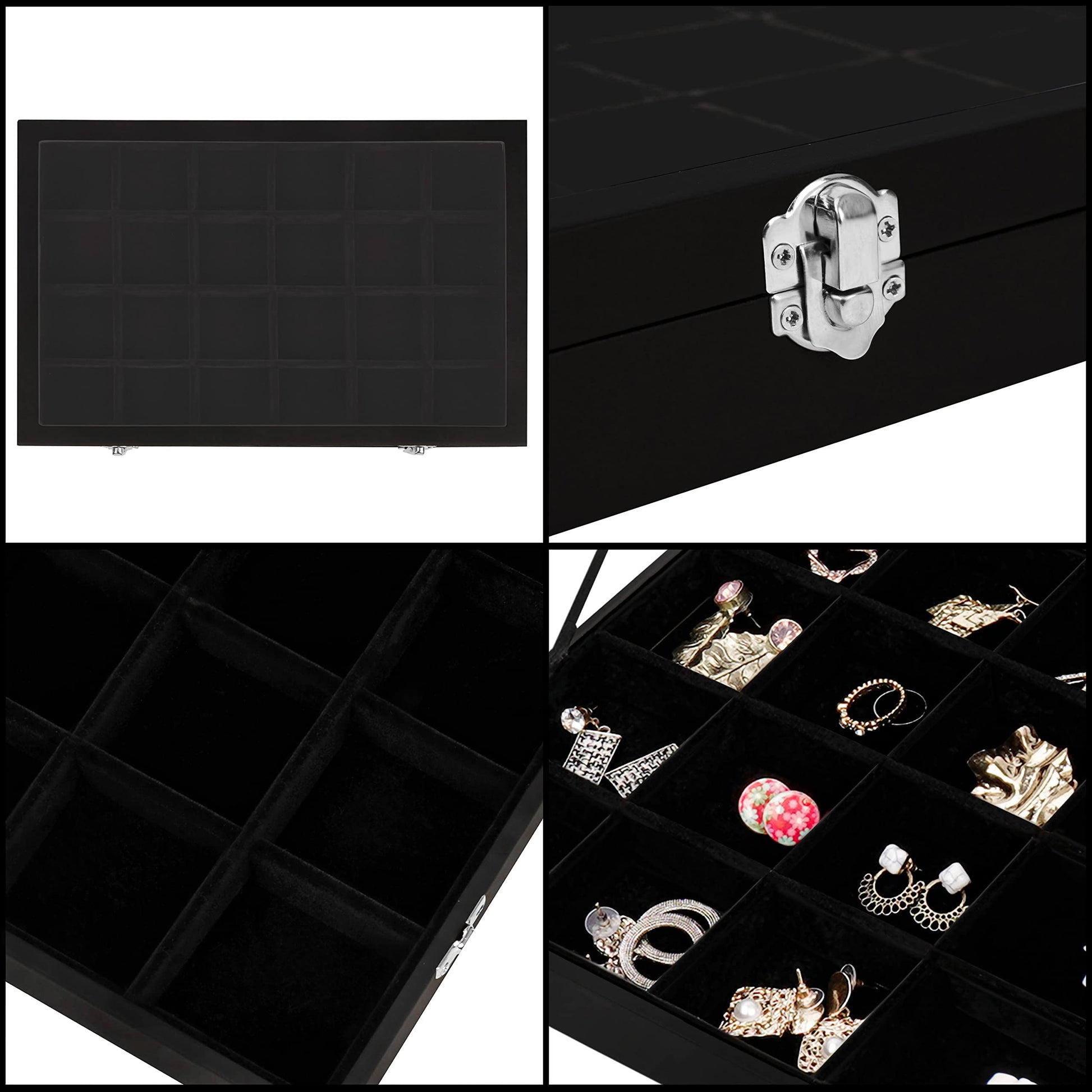 Black jewelry box with compartments filled with earrings