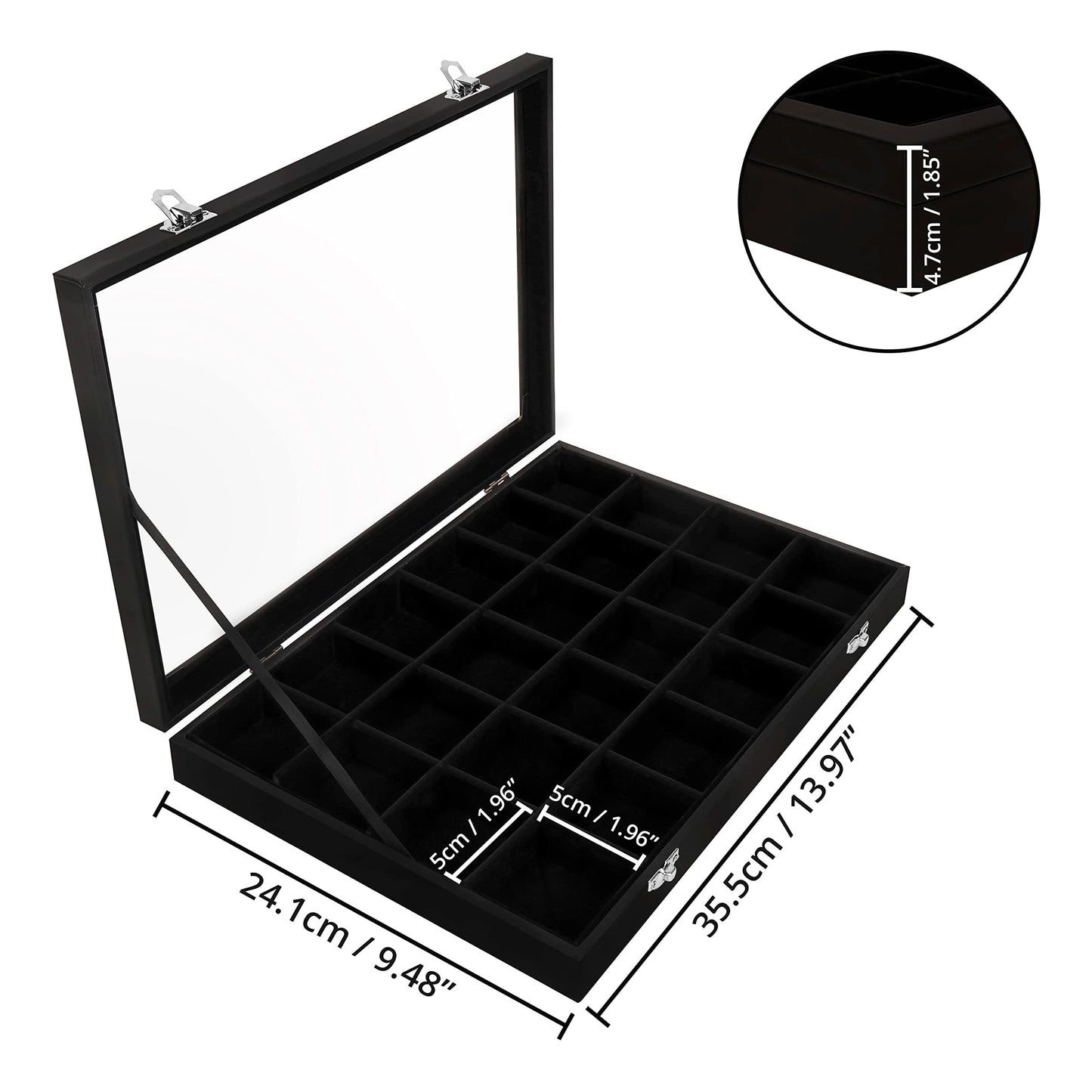 Black jewelry display box with measurements on a white background