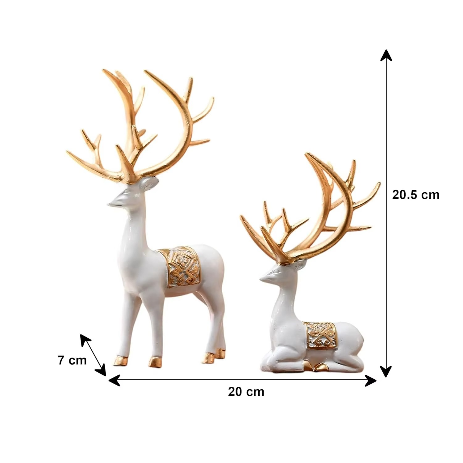 Decorative deer statues with gold antlers and patterns, shown with measurements on a white background.