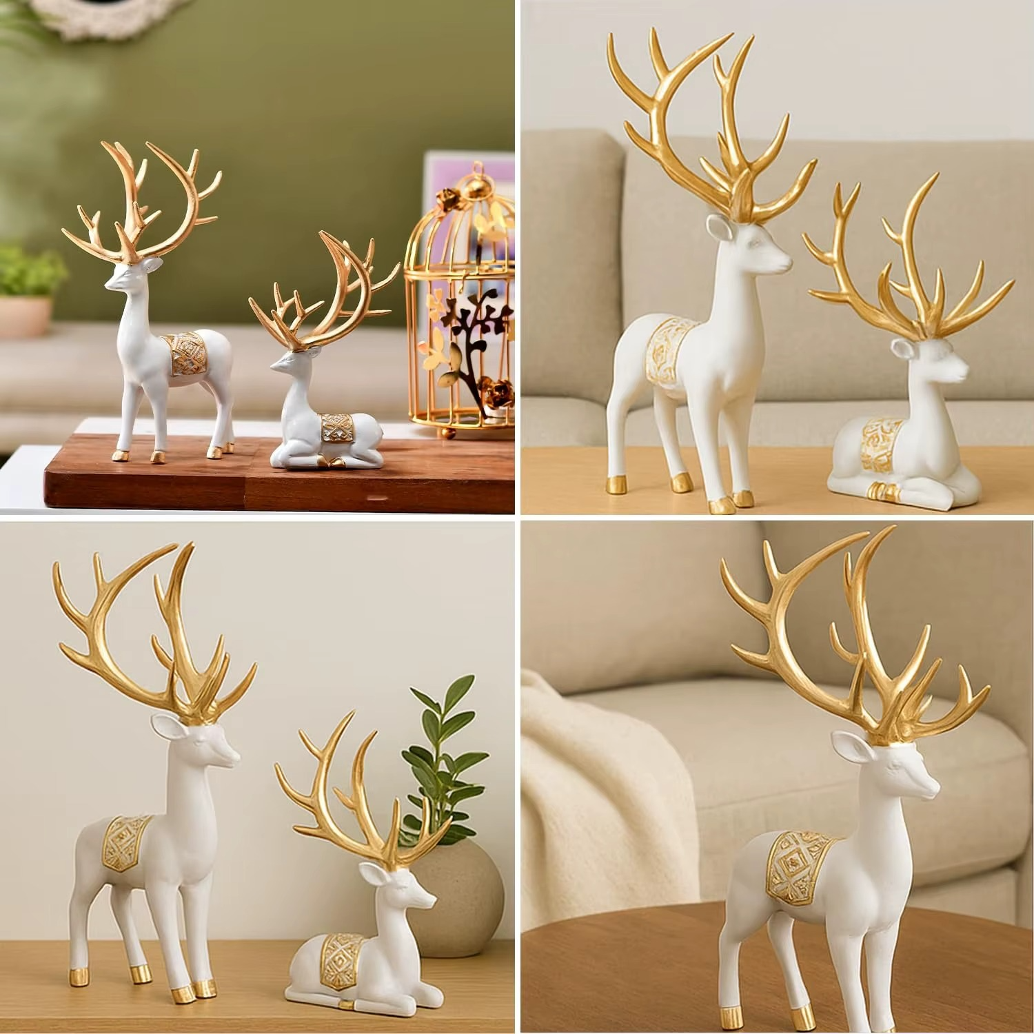 Creative Resin Golden & White Reindeer Sculptures