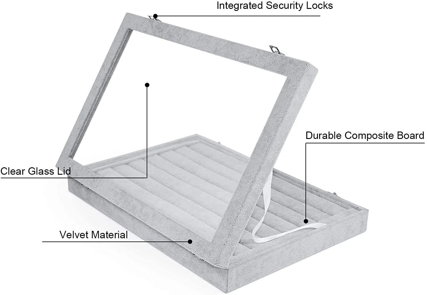 Diagram of a jewelry display case with labeled components on a white background