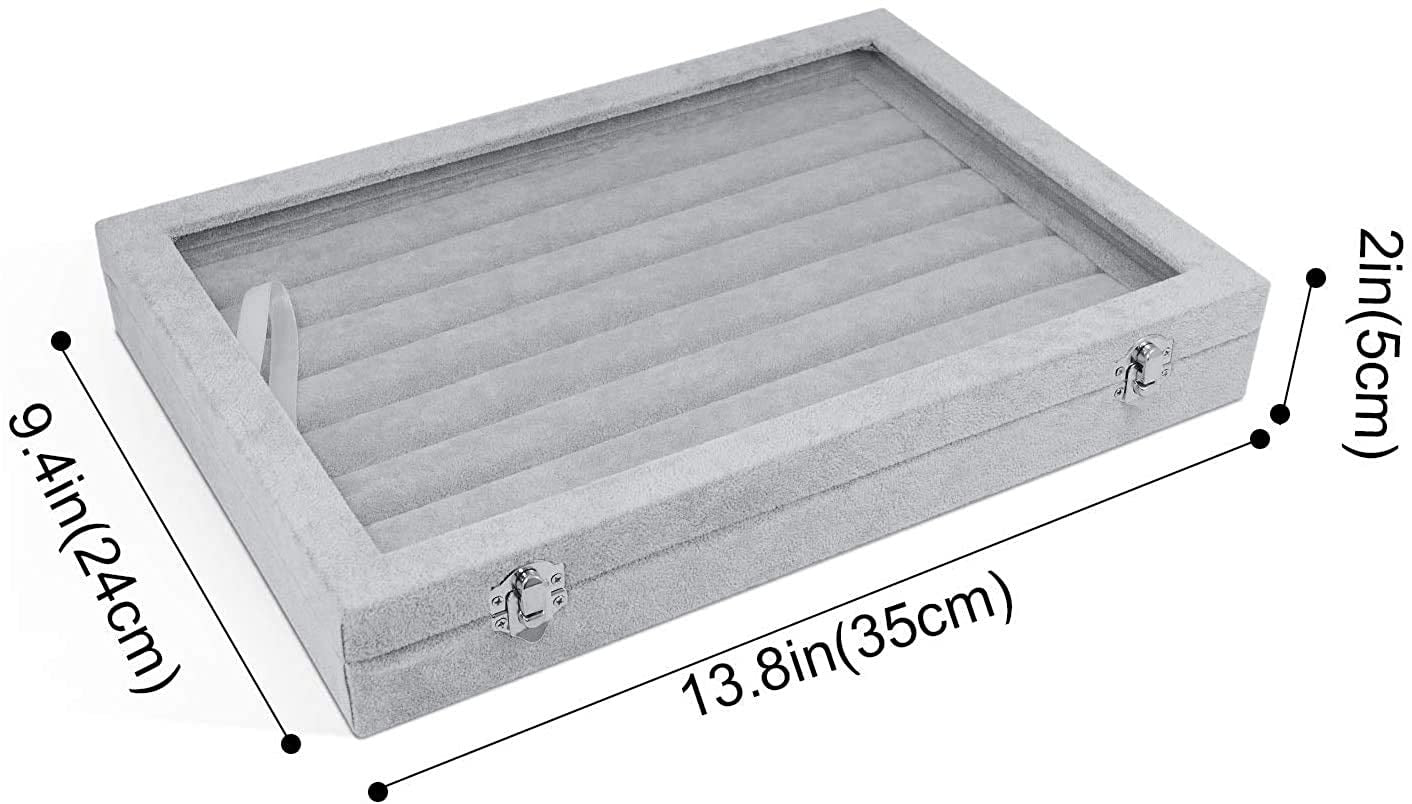 Gray jewelry display box with dimensions on a white background