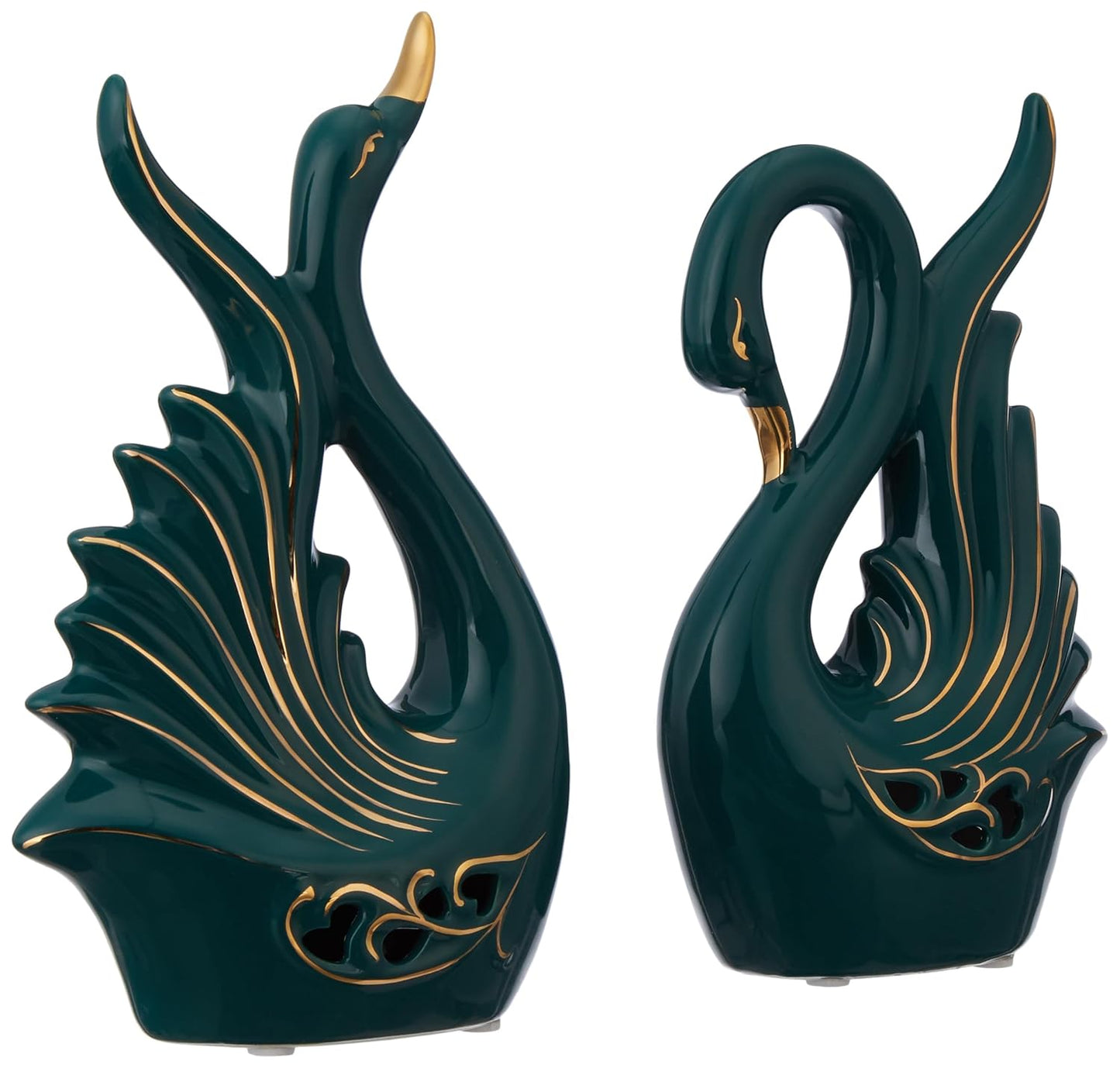 Two green ceramic swan sculptures with gold accents on a white background