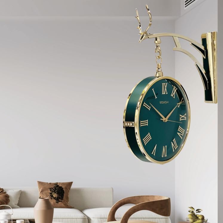 Decorative wall clock with green face and gold accents in a living room setting.
