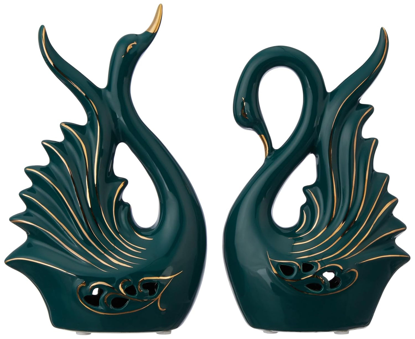 Two green ceramic swan figurines with gold accents on a white background