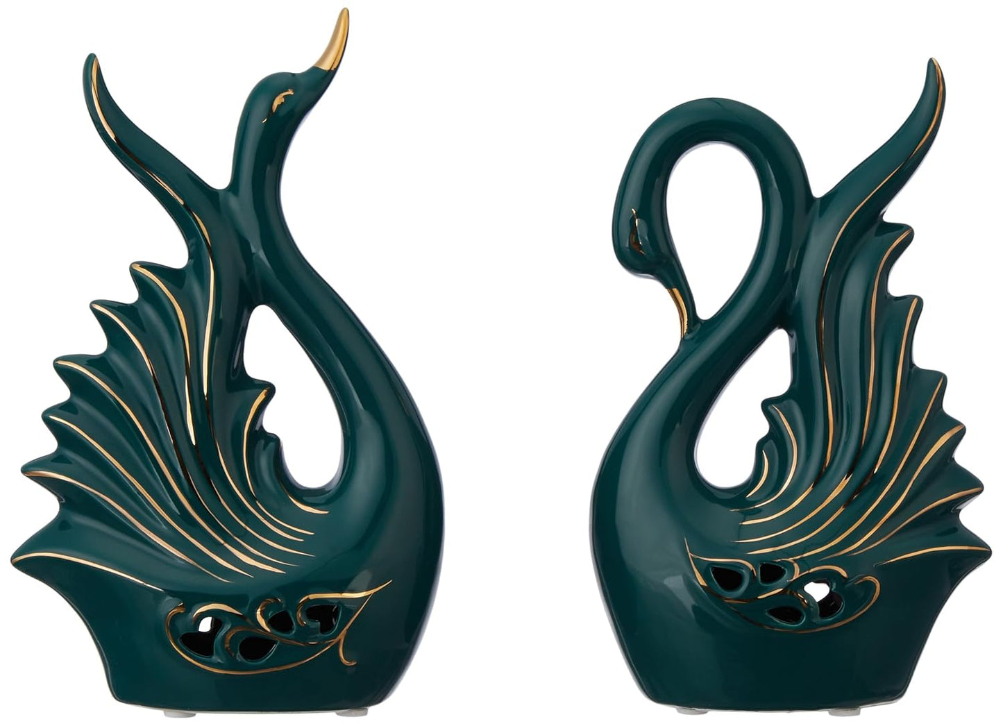 Two green ceramic swan sculptures with gold accents on a white background