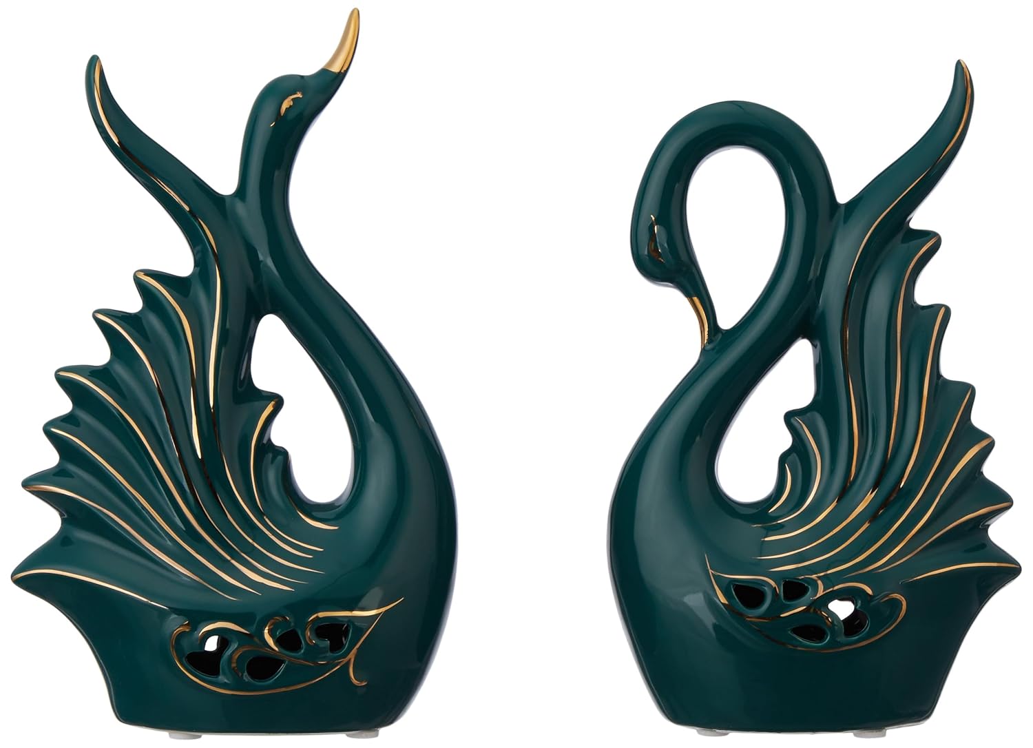 Two green ceramic swan sculptures with gold accents on a white background