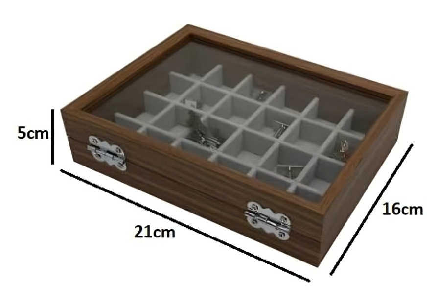 Wooden jewelry box with compartments and measurements on a white background