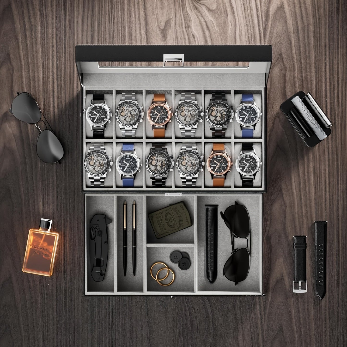 Organize Watches elegant style with this 12-Slot PU Leather Lockable Watch Storage Box