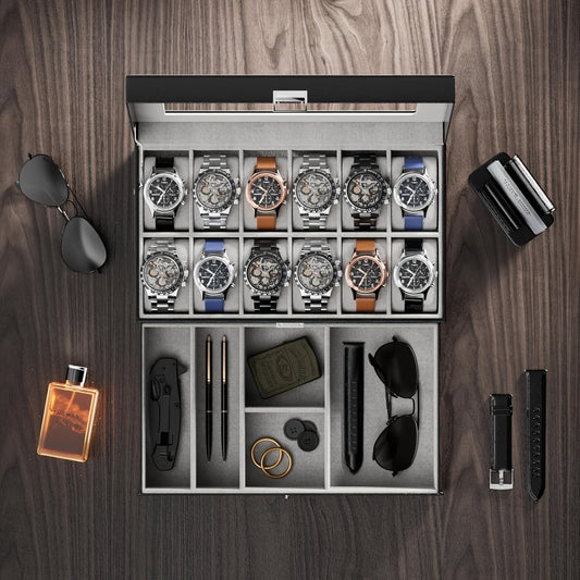 Organize Watches elegant style with this 12-Slot PU Leather Lockable Watch Storage Box