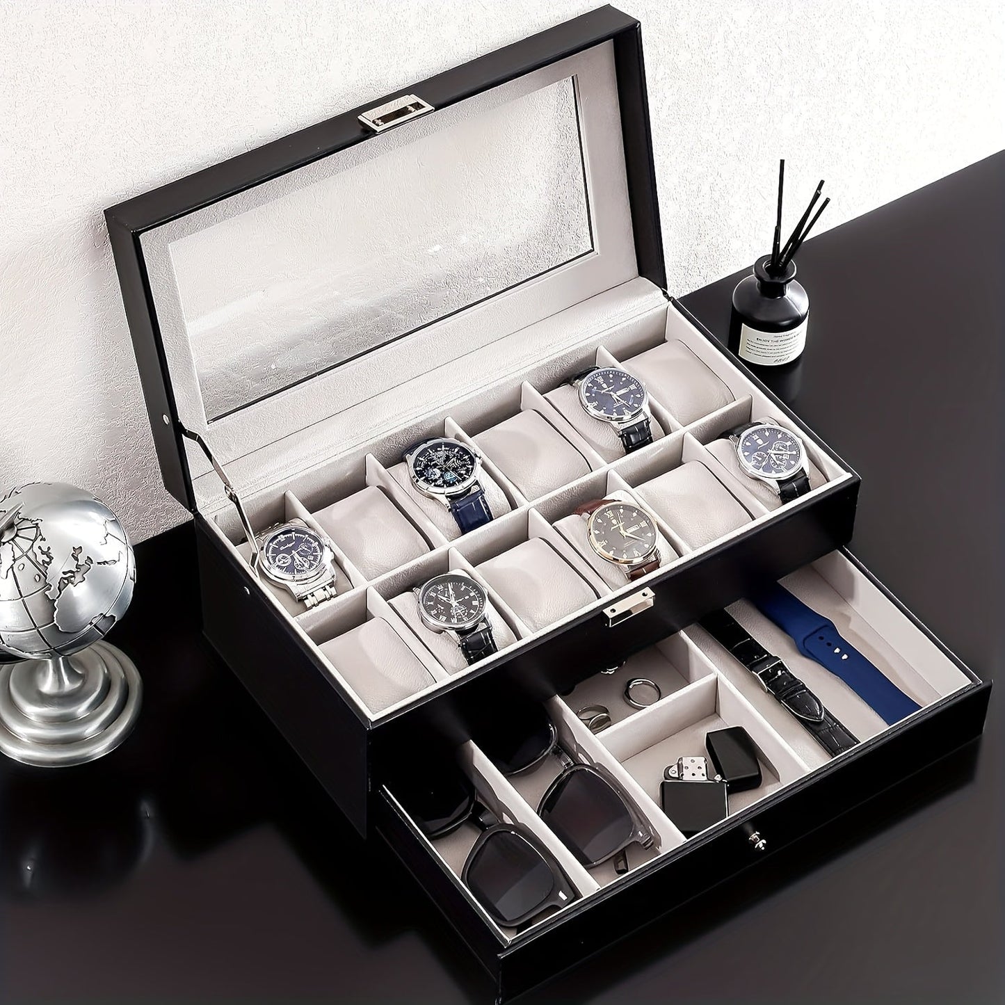 Organize Watches elegant style with this 12-Slot PU Leather Lockable Watch Storage Box