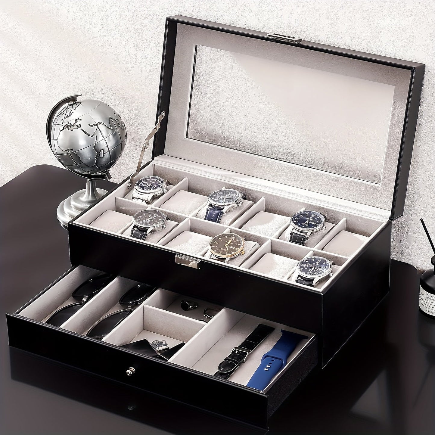 Organize Watches elegant style with this 12-Slot PU Leather Lockable Watch Storage Box