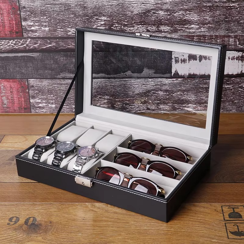 PU Leather 6-Position Watch Box with 3-Slot Sunglasses Display Storage Box