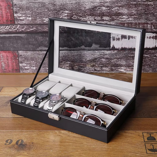PU Leather 6-Position Watch Box with 3-Slot Sunglasses Display Storage Box