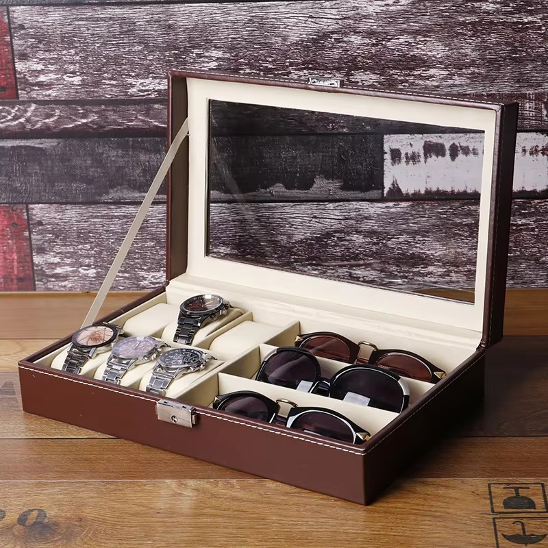 PU Leather 6-Position Watch Box with 3-Slot Sunglasses Display Storage Box