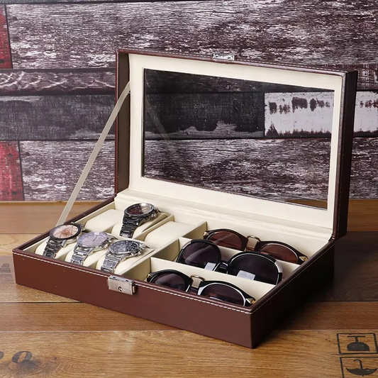 PU Leather 6-Position Watch Box with 3-Slot Sunglasses Display Storage Box