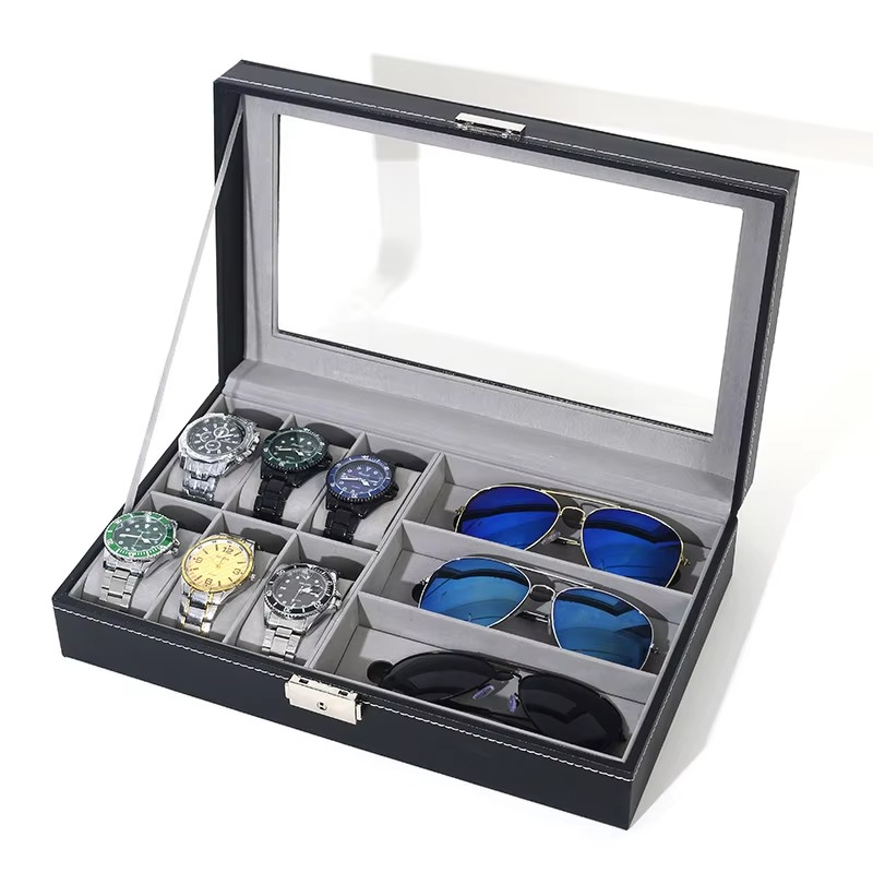 PU Leather 6-Position Watch Box with 3-Slot Sunglasses Display Storage Box