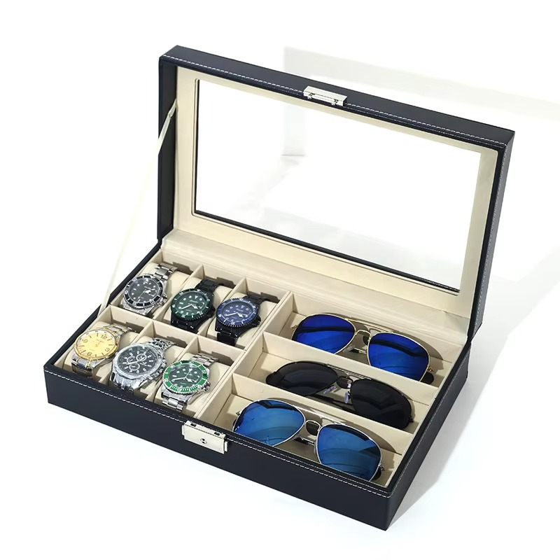 PU Leather 6-Position Watch Box with 3-Slot Sunglasses Display Storage Box