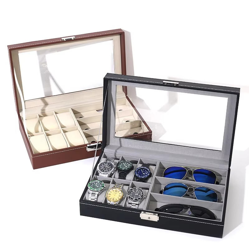 PU Leather 6-Position Watch Box with 3-Slot Sunglasses Display Storage Box