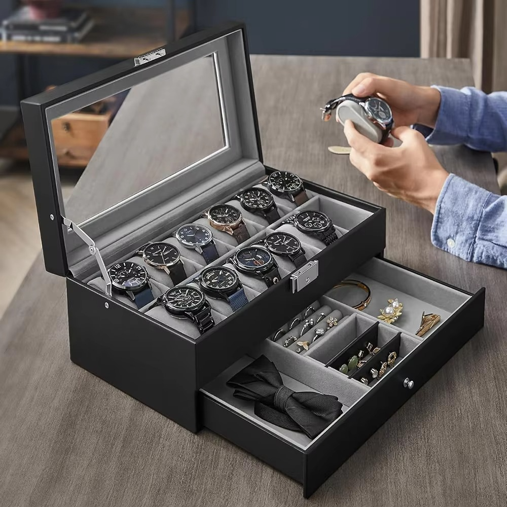 Luxury 2-Layer 12-Slot Lockable Watch Box with Glass Lid & Drawer