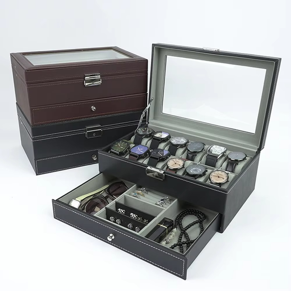 Luxury 2-Layer 12-Slot Lockable Watch Box with Glass Lid & Drawer
