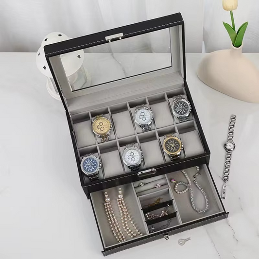 Luxury 2-Layer 12-Slot Lockable Watch Box with Glass Lid & Drawer