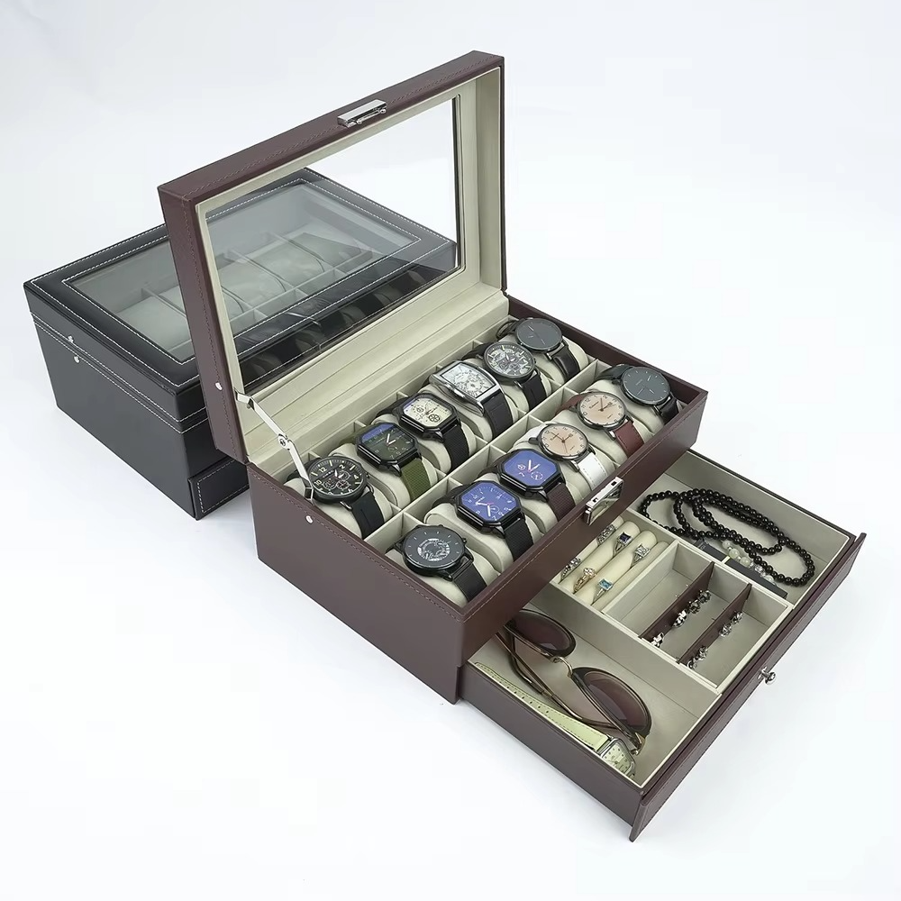 Luxury 2-Layer 12-Slot Lockable Watch Box with Glass Lid & Drawer