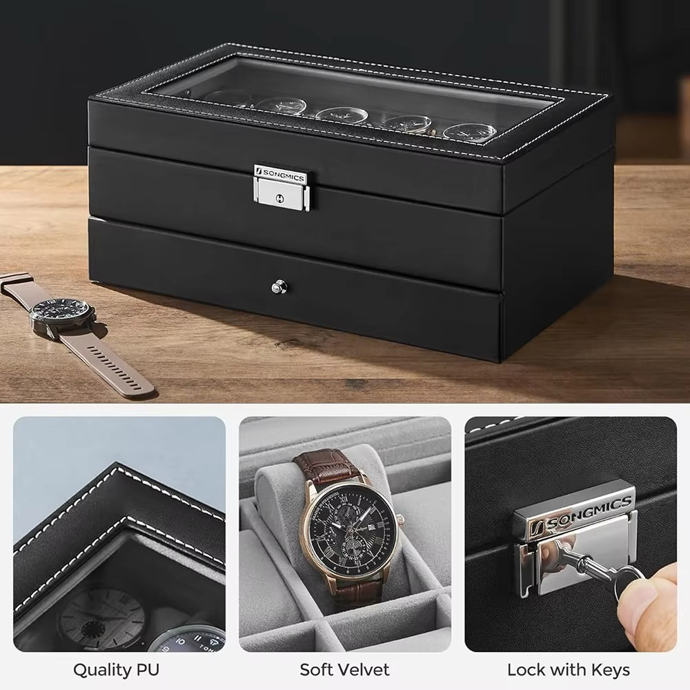 Luxury 2-Layer 12-Slot Lockable Watch Box with Glass Lid & Drawer