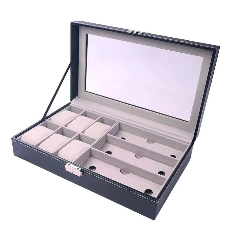 PU Leather 6-Position Watch Box with 3-Slot Sunglasses Display Storage Box