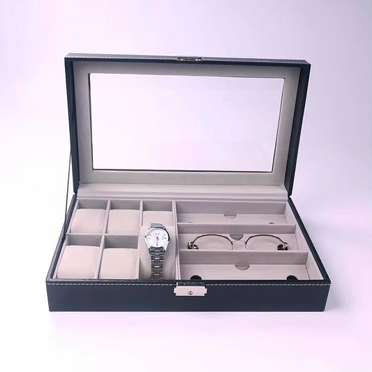 PU Leather 6-Position Watch Box with 3-Slot Sunglasses Display Storage Box
