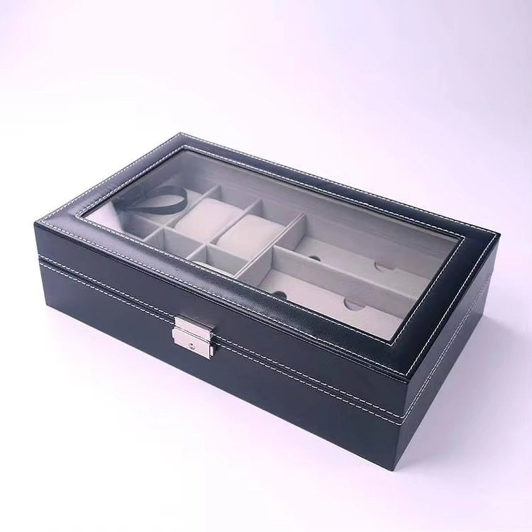 PU Leather 6-Position Watch Box with 3-Slot Sunglasses Display Storage Box