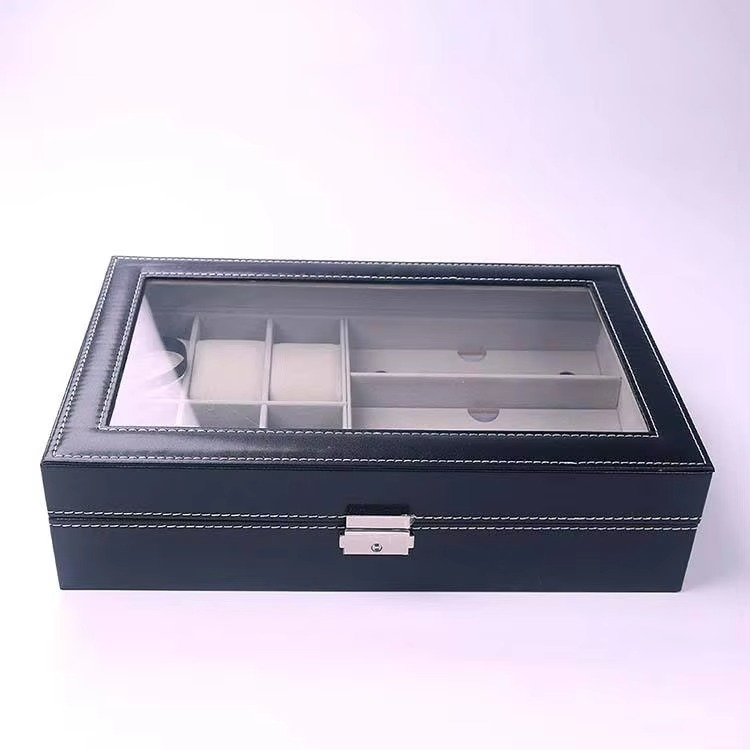 PU Leather 6-Position Watch Box with 3-Slot Sunglasses Display Storage Box
